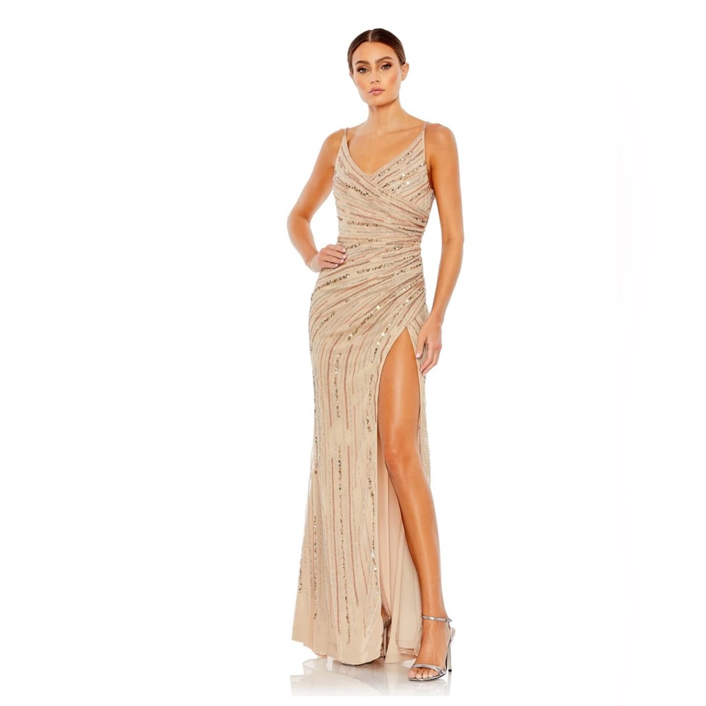 Mac Duggal SEQUINED SPAGHETTI STRAP COWL BACK GOWN